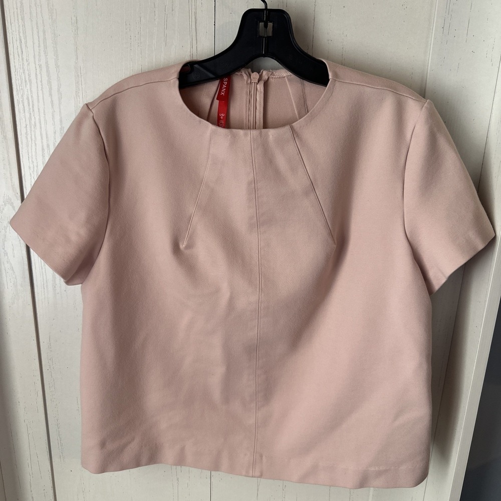 SPANX The Perfect Short Sleeve Crew Neck Funnel Top Blouse Pale Pink New L